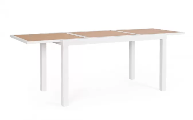 Biały ogrodowy stół aluminiowy rozkładany z blatem imitacja drewna 140-210 HILIJA bizzotto