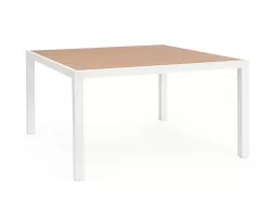 Biały ogrodowy stół aluminiowy kwadratowy z blatem imitacja drewna 136x136 HILIJA bizzotto