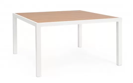 Biały ogrodowy stół aluminiowy kwadratowy z blatem imitacja drewna 136x136 HILIJA bizzotto Biały ogrodowy stół aluminiowy kwadratowy z blatem imitacja drewna 136x136 HILIJA bizzotto