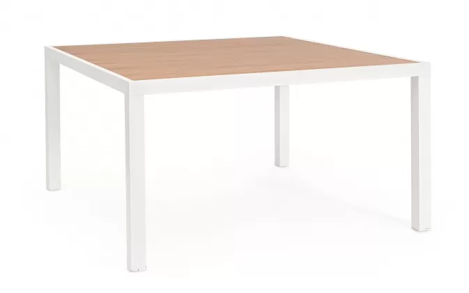 Biały ogrodowy stół aluminiowy kwadratowy z blatem imitacja drewna 136x136 HILIJA bizzotto