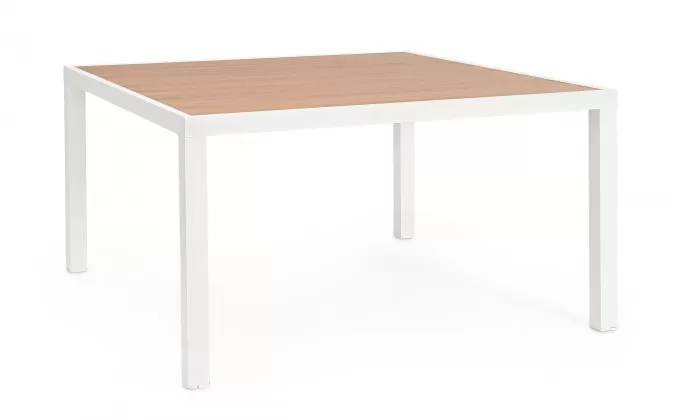Biały ogrodowy stół aluminiowy kwadratowy z blatem imitacja drewna 136x136 HILIJA bizzotto