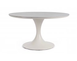 Beżowy okrągły stół na taras aluminiowy ARNOLD śr. 120 cm blat kamienny