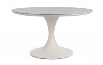 Beżowy okrągły stół na taras aluminiowy ARNOLD śr. 120 cm blat kamienny