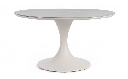 Beżowy okrągły stół na taras aluminiowy ARNOLD śr. 120 cm blat kamienny Beżowy okrągły stół na taras aluminiowy ARNOLD śr. 120 cm blat kamienny