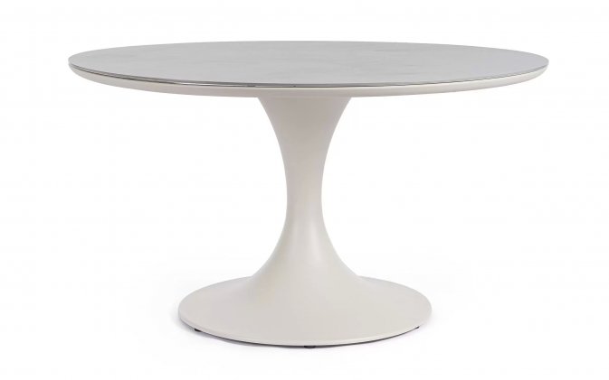 Beżowy okrągły stół na taras aluminiowy ARNOLD śr. 120 cm blat kamienny