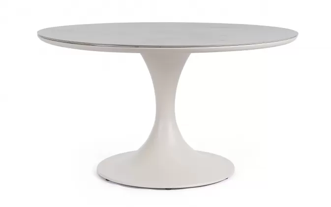 Beżowy okrągły stół na taras aluminiowy ARNOLD śr. 120 cm blat kamienny