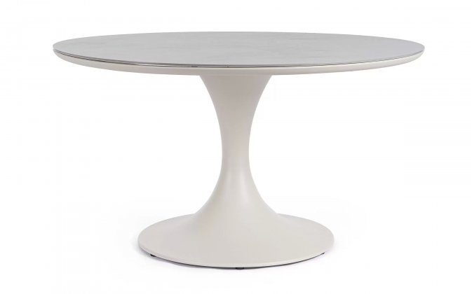 Beżowy okrągły stół na taras aluminiowy ARNOLD śr. 120 cm blat kamienny