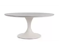 Beżowy okrągły stół na taras aluminiowy ARNOLD śr. 158 cm blat kamienny