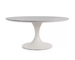 Beżowy okrągły stół na taras aluminiowy ARNOLD śr. 158 cm blat kamienny