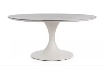 Beżowy okrągły stół na taras aluminiowy ARNOLD śr. 158 cm blat kamienny