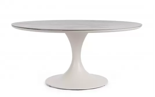 Beżowy okrągły stół na taras aluminiowy ARNOLD śr. 158 cm blat kamienny