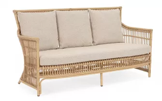 Klasyczna wysoka sofa ogrodowa ADELMA aluminiumi powłoka drewnopodobna i technorattan beżowe poduszki