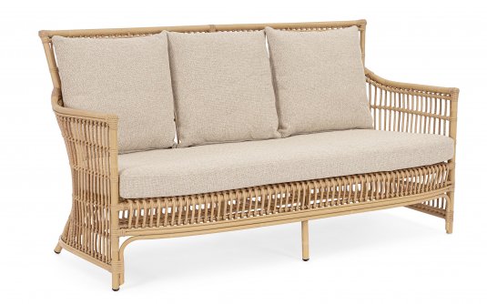 Klasyczna wysoka sofa ogrodowa ADELMA aluminiumi powłoka drewnopodobna i technorattan beżowe poduszki