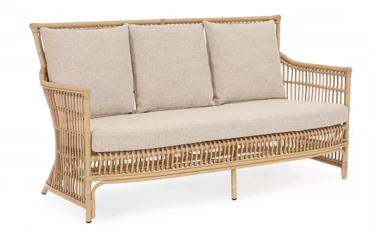 Klasyczna wysoka sofa ogrodowa ADELMA aluminiumi powłoka drewnopodobna i technorattan beżowe poduszki