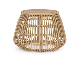 Klasyczny okragły stolik kawowy na taras ADELMA aluminiowy powłoka drewnopodobna technorattan bizzotto