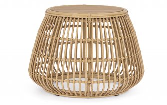 Klasyczny okragły stolik kawowy na taras ADELMA aluminiowy powłoka drewnopodobna technorattan bizzotto