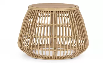 Klasyczny okragły stolik kawowy na taras ADELMA aluminiowy powłoka drewnopodobna technorattan bizzotto