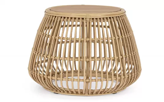 Klasyczny okragły stolik kawowy na taras ADELMA aluminiowy powłoka drewnopodobna technorattan bizzotto