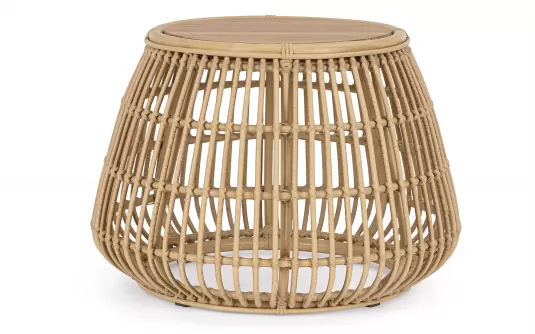 Klasyczny okragły stolik kawowy na taras ADELMA aluminiowy powłoka drewnopodobna technorattan bizzotto