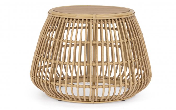 Klasyczny okragły stolik kawowy na taras ADELMA aluminiowy powłoka drewnopodobna technorattan bizzotto