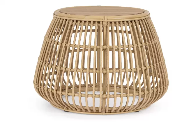 Klasyczny okragły stolik kawowy na taras ADELMA aluminiowy powłoka drewnopodobna technorattan bizzotto