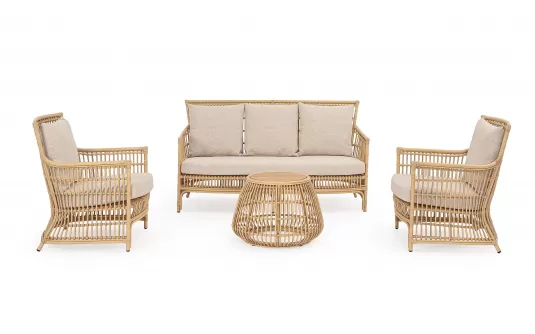 Klasyczny komplet wypoczynkowy na taras ADELMA aluminiowa powłoka drewnopodobna technorattan teak bizzotto