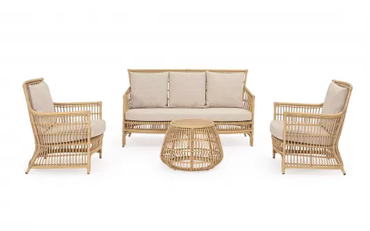 Klasyczny komplet wypoczynkowy na taras ADELMA aluminiowa powłoka drewnopodobna technorattan teak bizzotto