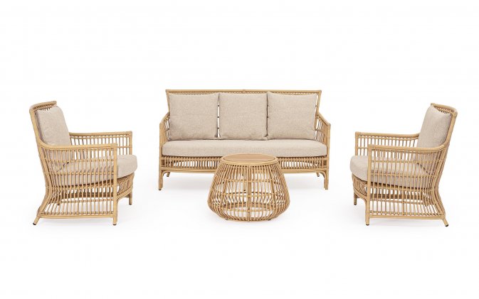 Klasyczny komplet wypoczynkowy na taras ADELMA aluminiowa powłoka drewnopodobna technorattan teak bizzotto