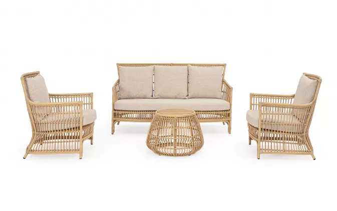 Klasyczny komplet wypoczynkowy na taras ADELMA aluminiowa powłoka drewnopodobna technorattan teak bizzotto