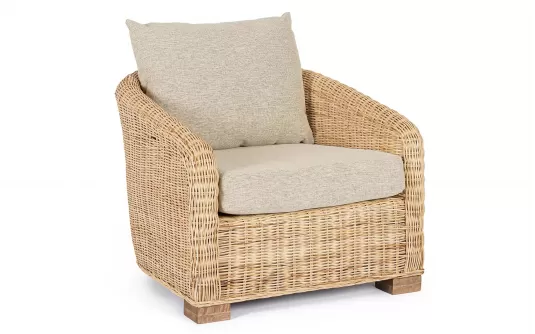 Fotel ogrodowy wypoczynkowy z naturalnego rattanu CADICE z beżowymi poduszkami bizzotto Fotel ogrodowy wypoczynkowy z naturalnego rattanu CADICE z beżowymi poduszkami bizzotto