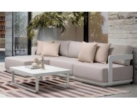 Jasnobeżowy komplet wypoczynkowy z szezlongiem na taras aluminiowy VAPOER poduszki Olefin