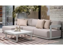 Jasnobeżowy komplet wypoczynkowy z szezlongiem na taras aluminiowy VAPOER poduszki Olefin