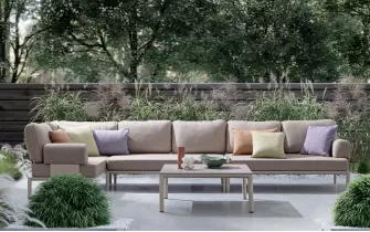 Modułowy beżowy narożnik na taras aluminiowy GERALD beżowe poduszki Olefin bolzano