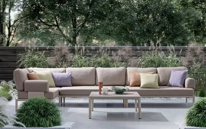 Modułowy beżowy narożnik na taras aluminiowy GERALD beżowe poduszki Olefin bolzano