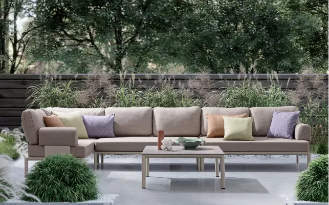 Modułowy beżowy narożnik na taras aluminiowy GERALD beżowe poduszki Olefin bolzano