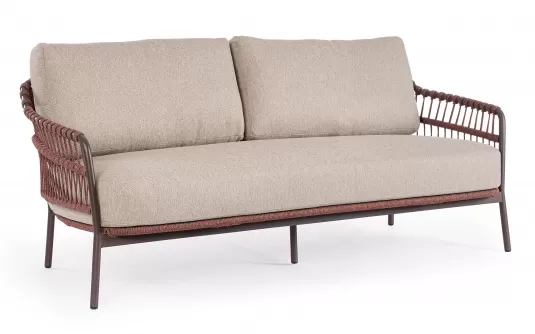 Brązowa sofa ogrodowa TALAIA z oplotem z liny poliprop w kolorze bordowobrązowym  / beżowe poduszki bizzotto