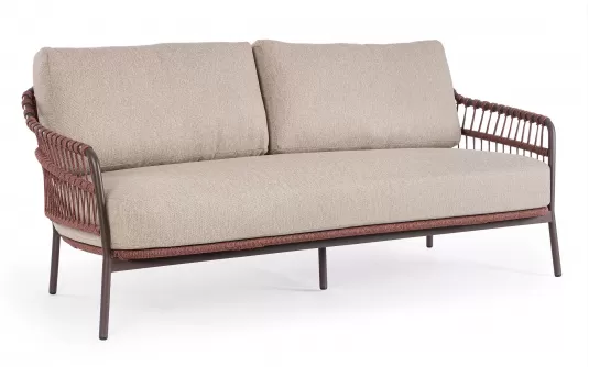 Brązowa sofa ogrodowa TALAIA z oplotem z liny poliprop w kolorze bordowobrązowym  / beżowe poduszki bizzotto