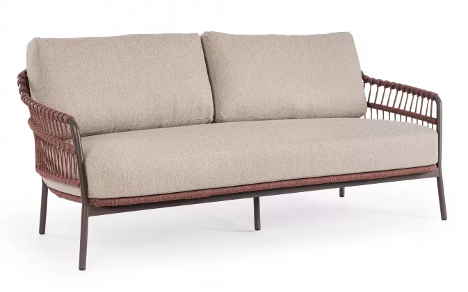 Brązowa sofa ogrodowa TALAIA z oplotem z liny poliprop w kolorze bordowobrązowym  / beżowe poduszki bizzotto
