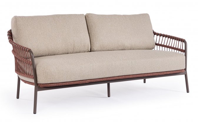 Brązowa sofa ogrodowa TALAIA z oplotem z liny poliprop w kolorze bordowobrązowym  / beżowe poduszki bizzotto
