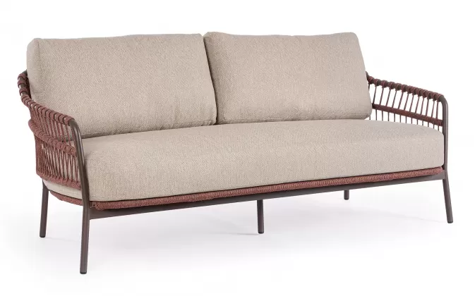 Brązowa sofa ogrodowa TALAIA z oplotem z liny poliprop w kolorze bordowobrązowym  / beżowe poduszki bizzotto