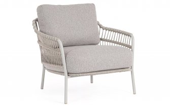 Szarobeżowy fotel ogrodowy TALAIA z oplotem z liny poliprop w kolorze bordowobrązowym  / beżowe poduszki bizzotto