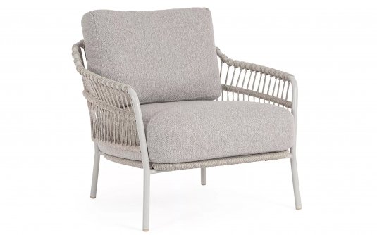 Szarobeżowy fotel ogrodowy TALAIA z oplotem z liny poliprop w kolorze bordowobrązowym  / beżowe poduszki bizzotto