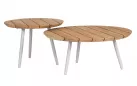 Zestaw 2 stolików na taras TALAIA Ø50 i Ø70 cm nogi malowane / blaty teak / nogi białe