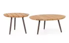 Zestaw 2 stolików na taras TALAIA Ø50 i Ø70 cm nogi malowane / blaty teak / nogi brązowe