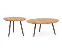 Zestaw 2 stolików na taras TALAIA Ø50 i Ø70 cm nogi malowane / blaty teak / nogi brązowe