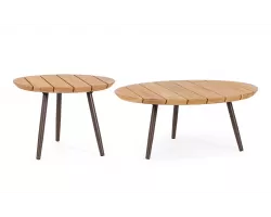 Zestaw 2 stolików na taras TALAIA Ø50 i Ø70 cm nogi malowane / blaty teak / nogi brązowe