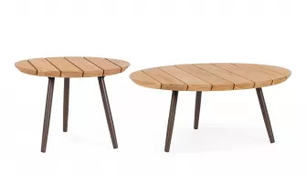 Zestaw 2 stolików na taras TALAIA Ø50 i Ø70 cm nogi malowane / blaty teak / nogi brązowe