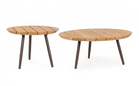 Zestaw 2 stolików na taras TALAIA Ø50 i Ø70 cm nogi malowane / blaty teak / nogi brązowe Zestaw 2 stolików na taras TALAIA Ø50 i Ø70 cm nogi malowane / blaty teak / nogi brązowe