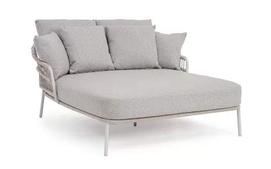 Jasnoszara 2-osobowa lezanka ogrodowa TALAIA stal / lina polipropylenowa / poduszki Olefin beżowe