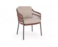 Brązowe krzesło obiadowe na taras TALAIA stal nierdzewna lina polipropylenowa poduszki Olefin